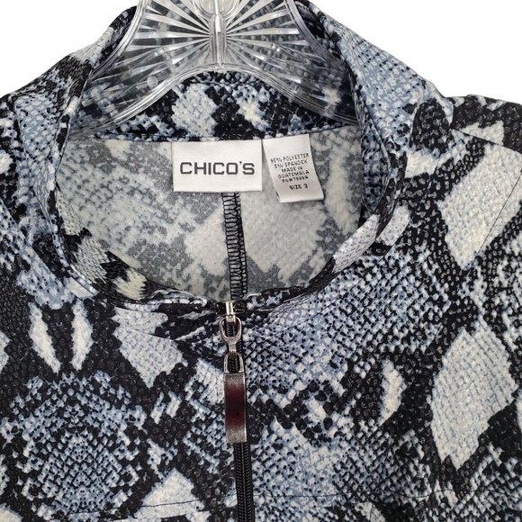 Chico's 3 Sz XL Jacket Blue Reptile Print Zip Belt Pockets Stretch Fluid Jersey - Picture 7 of 9